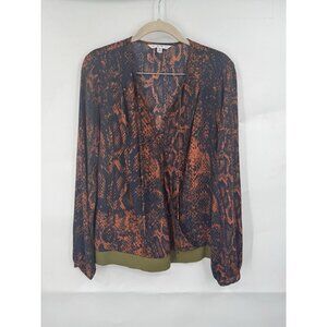 CABI Top Women Medium Border Wrap Python Print Orange Blue Front Tie Lightweight